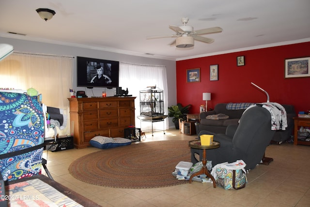 tiled living room with crown molding and ceiling fan