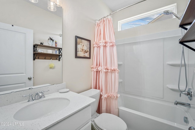 full bathroom with vanity, shower / bathtub combination with curtain, and toilet