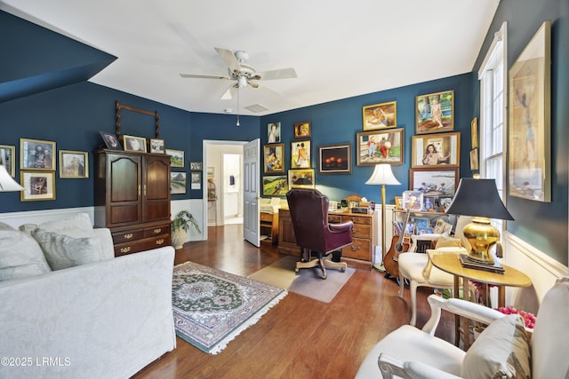 2 Lenox Ln, Hilton Head Island, SC 29926 - home office featuring a ceiling fan, wood finished floors, and wainscoting
