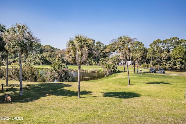 view of home's community with a water view and a yard