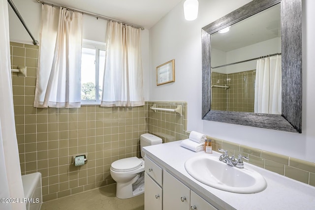 full bathroom with vanity, shower / tub combo with curtain, tile patterned floors, and toilet