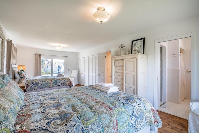 bedroom with multiple closets and wood-type flooring