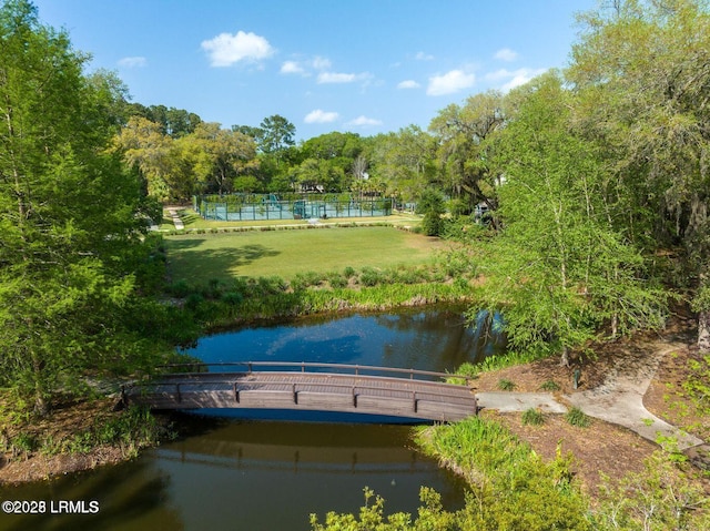 view of community featuring a water view and a lawn