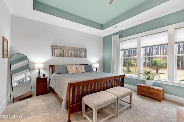 carpeted bedroom with a tray ceiling