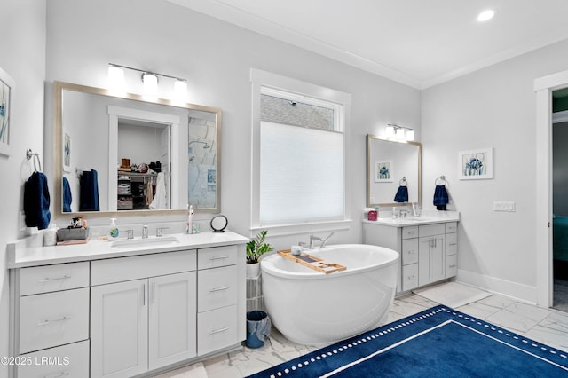 bathroom featuring vanity, crown molding, and plus walk in shower