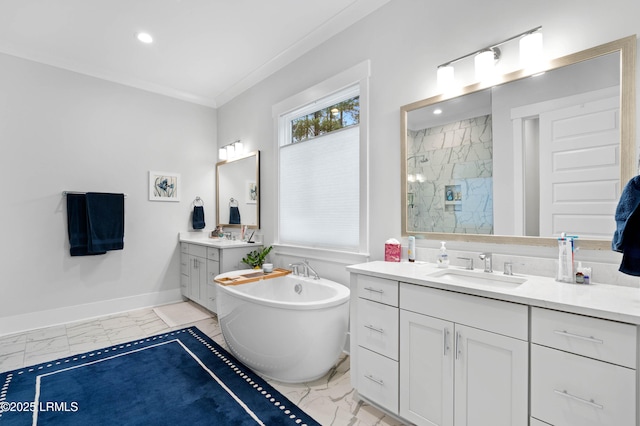 bathroom with vanity, crown molding, and separate shower and tub