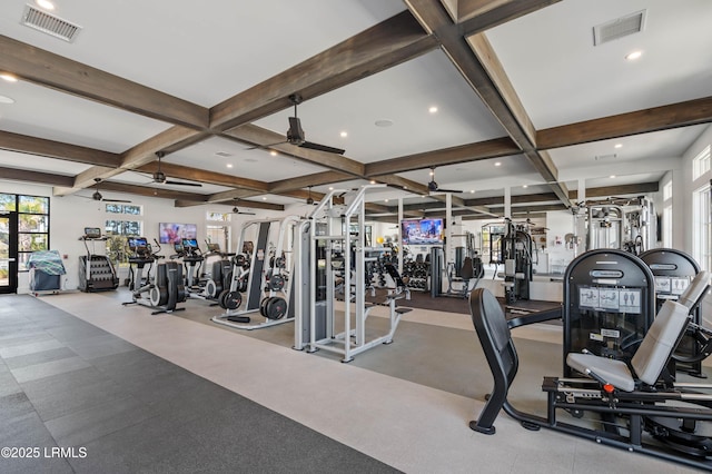 workout area with coffered ceiling, ceiling fan, and french doors