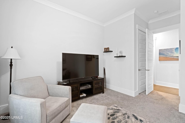 living room with crown molding and light carpet