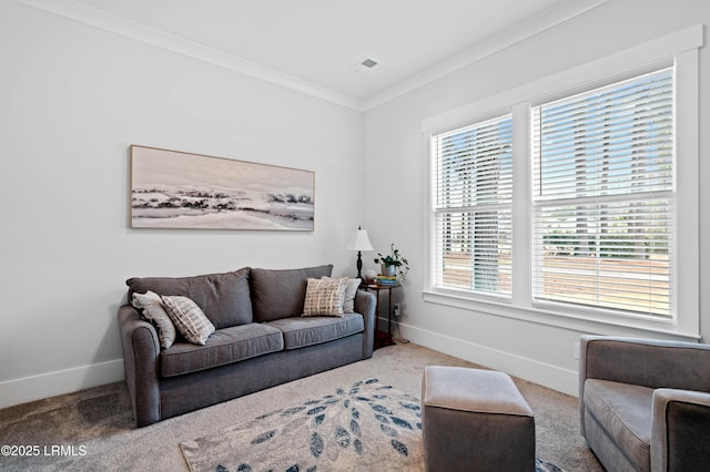 carpeted living room with crown molding