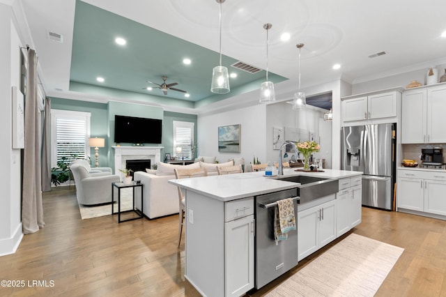 kitchen with appliances with stainless steel finishes, white cabinetry, an island with sink, sink, and a raised ceiling