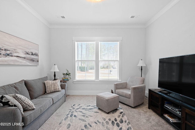 carpeted living room featuring ornamental molding