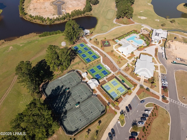 aerial view featuring a water view