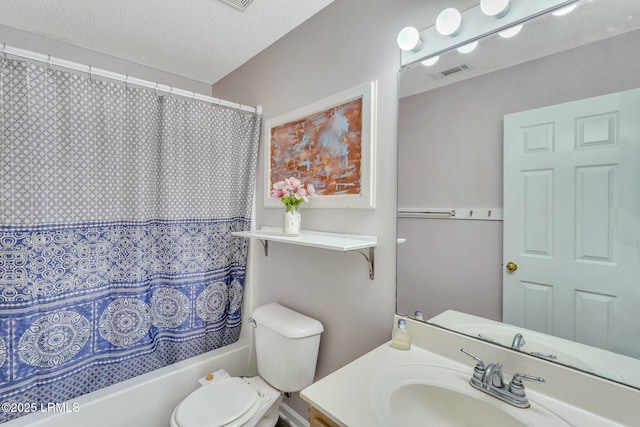 full bathroom with a textured ceiling, toilet, vanity, and shower / bathtub combination with curtain