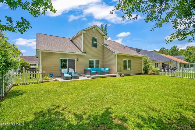 91 Heartstone Cir, Bluffton, SC 29910 - rear view of property with an outdoor living space, a fenced backyard, a shingled roof, and a patio area