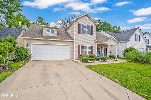 91 Heartstone Cir, Bluffton, SC 29910 - traditional-style house with a front yard, roof with shingles, a porch, concrete driveway, and a garage