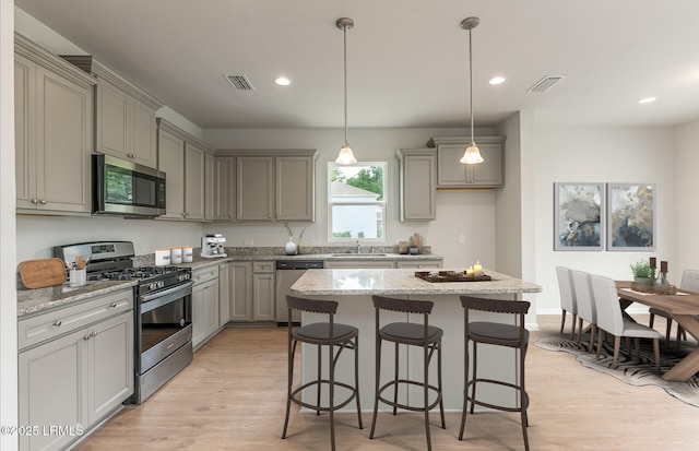 1109 Salty Hammock Ct, Beaufort, SC 29902 - kitchen featuring stainless steel appliances, gray cabinetry, light wood-style flooring, light stone counters, and recessed lighting