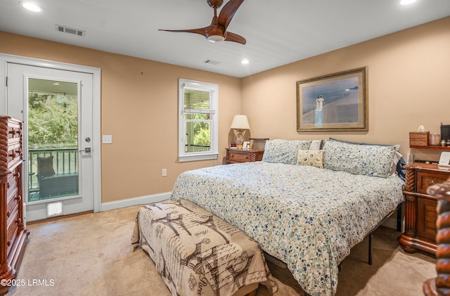 8 Battery Point Ln, Beaufort, SC 29902 - bedroom with light colored carpet, access to outside, recessed lighting, and a ceiling fan