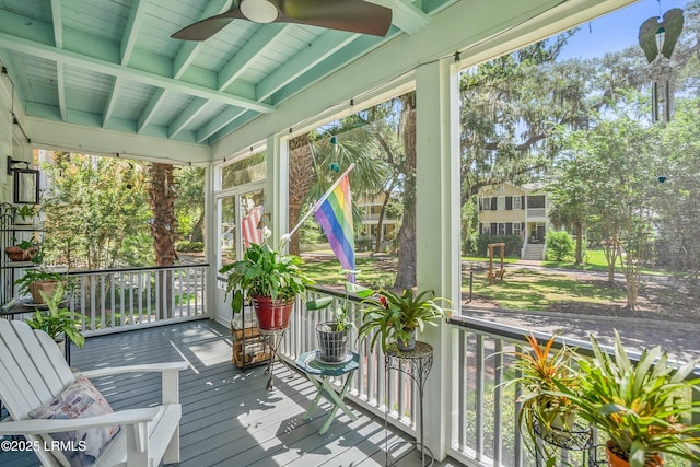 8 Battery Point Ln, Beaufort, SC 29902 - unfurnished sunroom featuring ceiling fan and beam ceiling
