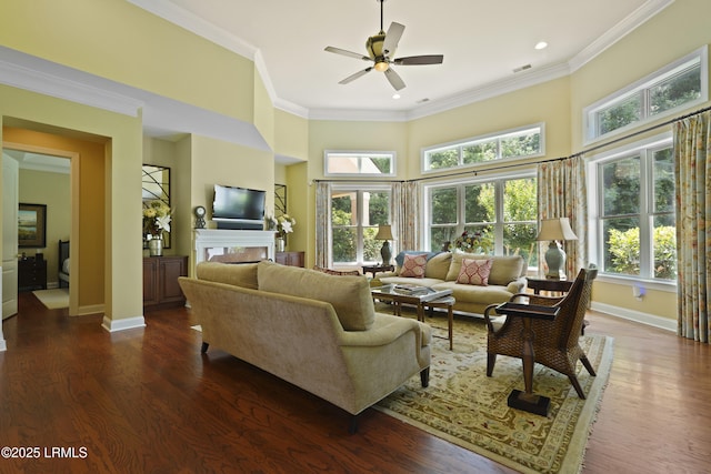 19 Lynnfield Pl, Bluffton, SC 29910 - living room featuring healthy amount of natural light, ornamental molding, a ceiling fan, dark wood finished floors, and recessed lighting