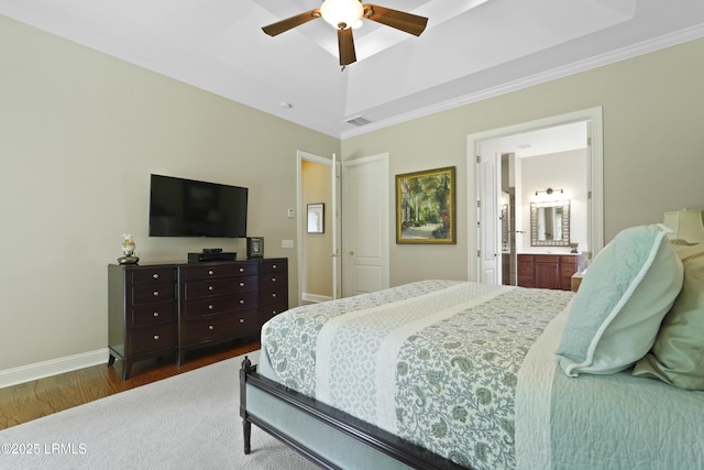 19 Lynnfield Pl, Bluffton, SC 29910 - bedroom with wood finished floors, crown molding, ensuite bath, and ceiling fan