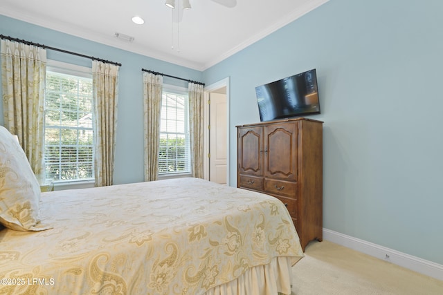 19 Lynnfield Pl, Bluffton, SC 29910 - bedroom featuring light colored carpet, crown molding, multiple windows, and ceiling fan