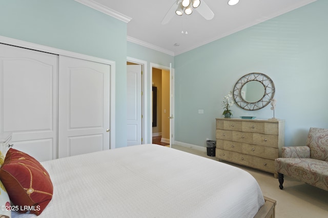 19 Lynnfield Pl, Bluffton, SC 29910 - bedroom with ornamental molding, a closet, carpet, ceiling fan, and recessed lighting