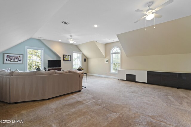 19 Lynnfield Pl, Bluffton, SC 29910 - carpeted living room with a ceiling fan, vaulted ceiling, and recessed lighting