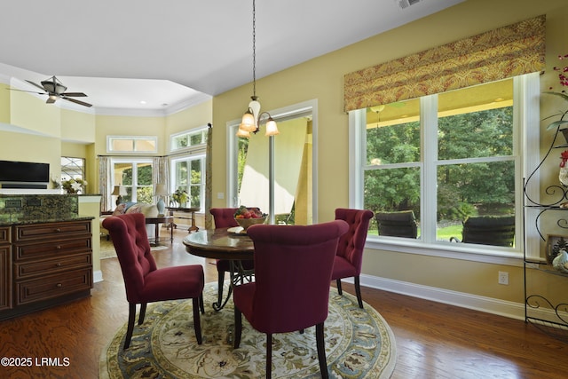 19 Lynnfield Pl, Bluffton, SC 29910 - dining room featuring ornamental molding, a ceiling fan, and dark wood finished floors