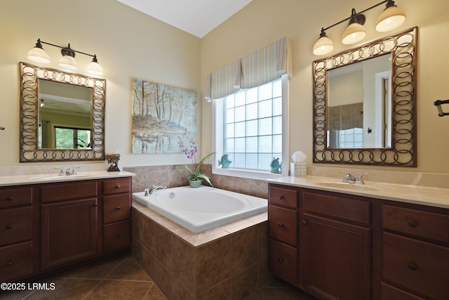 19 Lynnfield Pl, Bluffton, SC 29910 - bathroom with two vanities, a garden tub, and tile patterned flooring