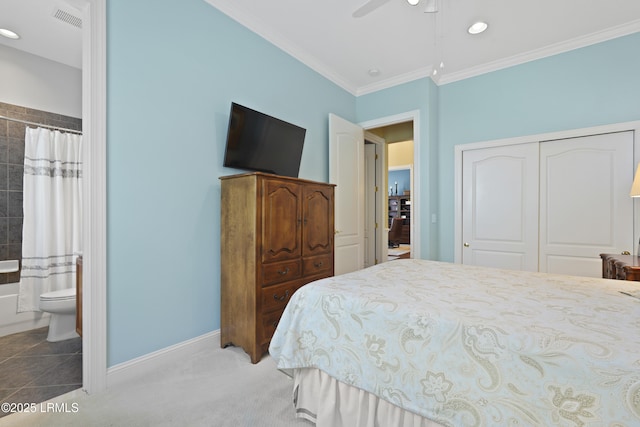 19 Lynnfield Pl, Bluffton, SC 29910 - bedroom featuring ornamental molding, a closet, ensuite bath, light colored carpet, and recessed lighting