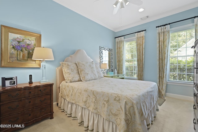 19 Lynnfield Pl, Bluffton, SC 29910 - bedroom with light carpet, multiple windows, ornamental molding, and ceiling fan