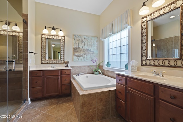 19 Lynnfield Pl, Bluffton, SC 29910 - full bath featuring two vanities, a shower stall, a bath, and tile patterned floors