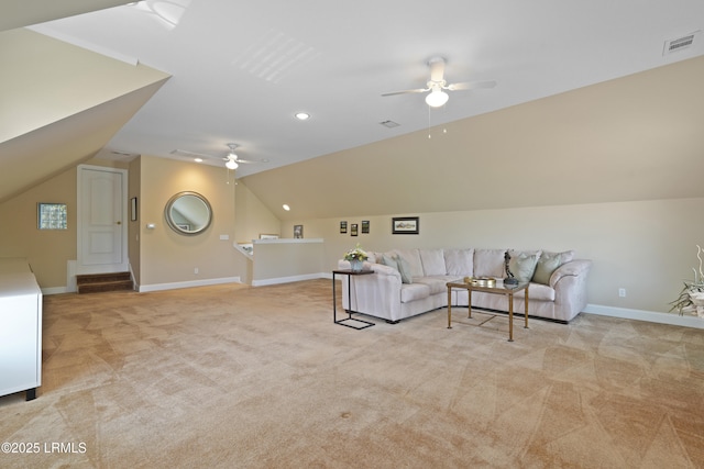 19 Lynnfield Pl, Bluffton, SC 29910 - living room featuring a ceiling fan, light colored carpet, lofted ceiling, and recessed lighting