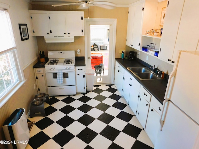 kitchen with white cabinetry, plenty of natural light, sink, and white appliances