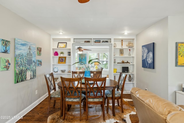 dining area featuring wood finished floors, built in features, baseboards, and ceiling fan