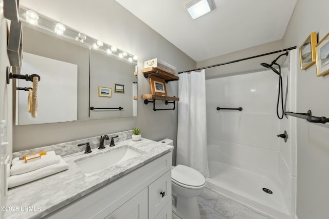 full bathroom featuring marble finish floor, toilet, vanity, and a shower with curtain