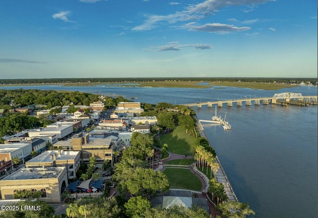 drone / aerial view with a water view