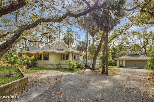 view of front of house with roof with shingles, crawl space, and aphalt driveway