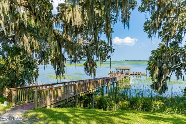 view of dock with a water view