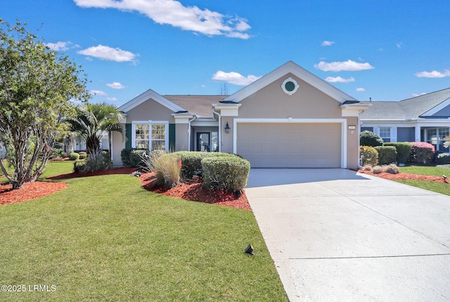 single story home with a garage, stucco siding, concrete driveway, and a front yard