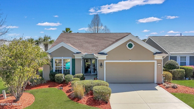 ranch-style home with stucco siding, concrete driveway, a garage, and roof with shingles