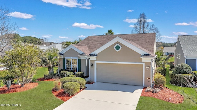 view of front of house featuring stucco siding, driveway, a front lawn, and a garage