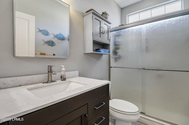 bathroom featuring vanity, toilet, and a shower stall