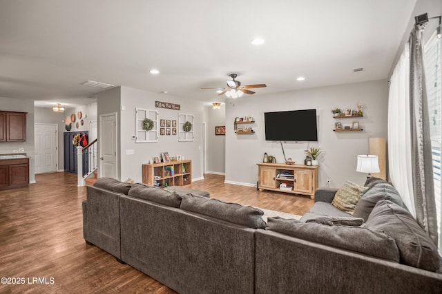 42 Kiawah Dr, Beaufort, SC 29906 - living area featuring a ceiling fan, wood finished floors, recessed lighting, baseboards, and stairway