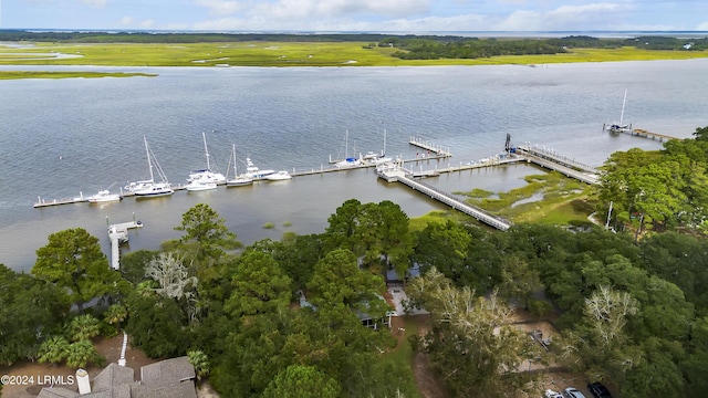 birds eye view of property with a water view