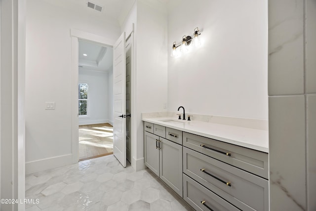 bathroom featuring baseboards, visible vents, a raised ceiling, and vanity