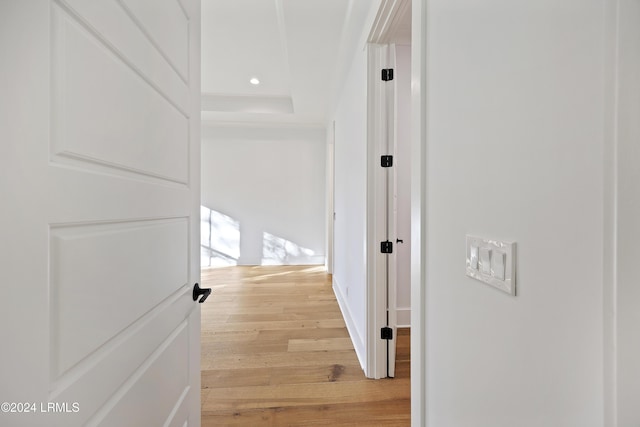 hall with recessed lighting and light wood-style floors