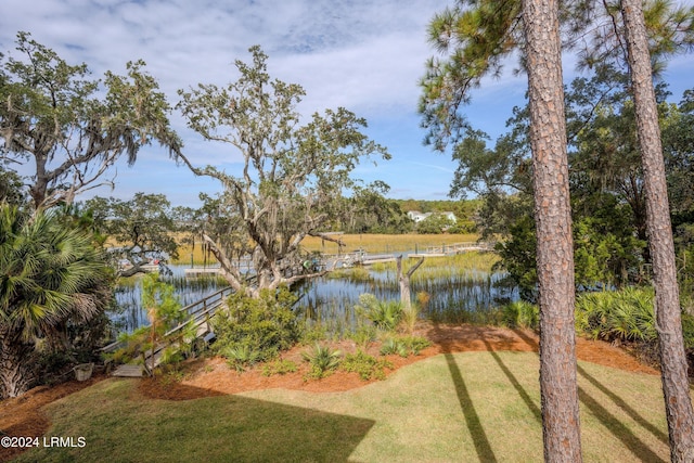 view of yard with a water view