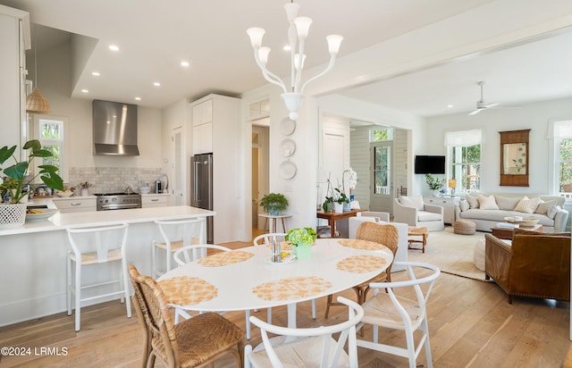 dining room with light hardwood / wood-style flooring and ceiling fan