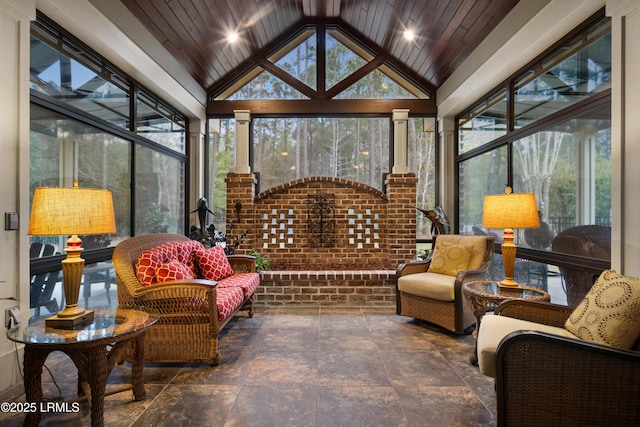 33 Little Pine Ct, Bluffton, SC 29910 - sunroom / solarium featuring lofted ceiling, brick wall, wooden ceiling, and stone finish floor